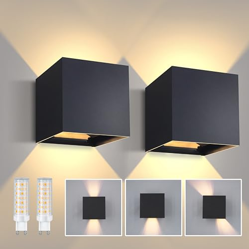 KICAAO 2 Pezzi Applique da Parete LED Moderno, 5W 3000K (Nero - 2PCS) | Lampadina G9 Sostituibile, Alluminio Applique, Impermeabile IP65, Interno/Esterno, Per Ingresso Giardino