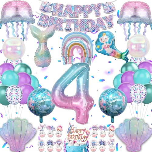 Meerjungf Thema Ziffer 4 Luftballon Set-Mermais Unterwasserwelt Party Deko