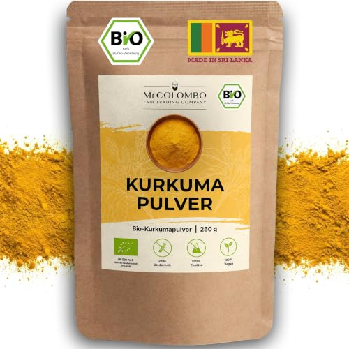 MrCOLOMBO Bio Kurkuma Pulver 250 g | Bio Curcuma fein gemahlen aus Sri Lanka, ohne Zusätze | laborgeprüfte Gelbwurz als Gewürz | für Currys, Reis, Goldene Milch & Kurkuma Latte