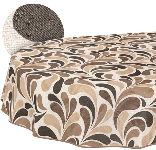 ANRO Nappe Lavable - Motif Gouttes - Beige - Ovale - 180 x 140 cm - Imperméable - pour l'intérieur et l'extérieur - Effet Lotus - avec Ourlet