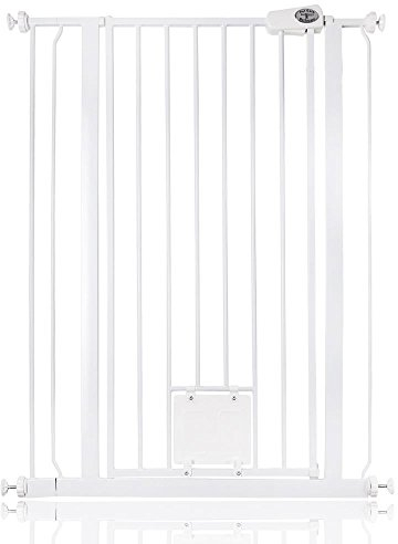 Bettacare Haustiergitter mit Verriegelbarer Katzenklappe, 81.4cm - 89cm, Weiß, 104cm in der Höhe, Extra Hohes Haustier Sicherheitsgitter mit Katzenklappe, Einfache Installation