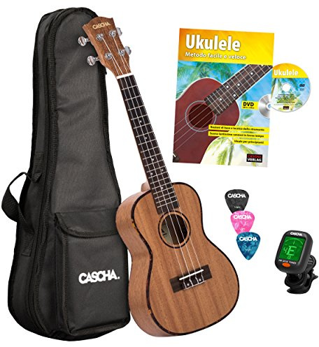 Cascha Konzert Ukulele Set I Ukulele Starter Kit mit 3 Plektren Tasche Stimmgerät & italienischem Lehrbuch I Konzert Ukulele Mahagoni I Kleine Hawaii Gitarre für Anfänger & Fortgeschrittene