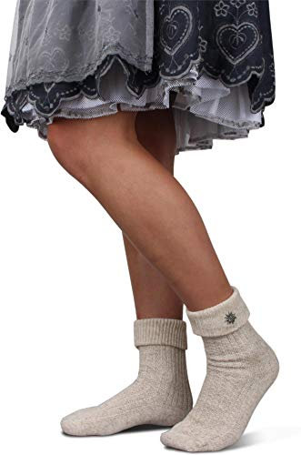 Circle Five Trachtensocken Kniebundstrümpfe fürs Oktoberfest Damen und Herren – Kurz & Lang, zu Dirndl & Lederhose Farbe Naturmelange mit Edelweiß-Anstecker Größe 43/46