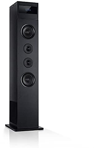 auna Karaboom 100-2.1 Lautsprechersystem, Turmlautsprecher, 2.1 Lautsprecher, Standlautsprecher, 120 Watt max. Bluetooth, USB Port, MP3, AUX-In, inkl. Tablethalter, schwarz