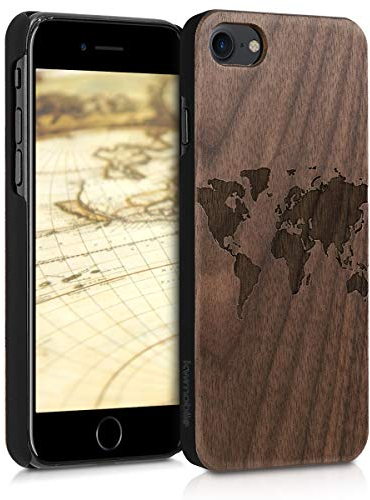 kwmobile Schutzhülle kompatibel mit Apple iPhone SE (2022) / iPhone SE (2020) / iPhone 8 / iPhone 7 - Hülle Handy aus Holz - Cover Case Handyhülle Travel Umriss Dunkelbraun
