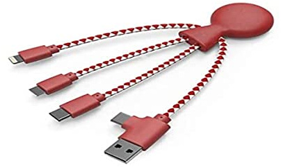 Xoopar Mr Bio 4 in 1 Multi-USB-Kabel - Umweltfreundliches und biologisch abbaubares USB-Kabel - Universelles USB-Ladegerät für Smartphones Apple iPhone Samsung Google Android (rot) | Oktopus 4-in-1 aus recyceltem Kunststoff: USB, USB-C, Lightning und Micro USB - für alle Smartphones