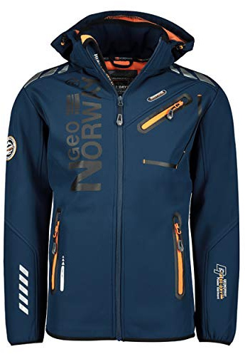 GEO NORWAY ROYAUTE MEN - Giacca Softshell Impermeabile Da Uomo - Cappuccio Giubbotto Traspirante Calda - Giacca Tattico Antivento Invernale - Ideale Attività All'aperto MARINA/ARANCIONE - S