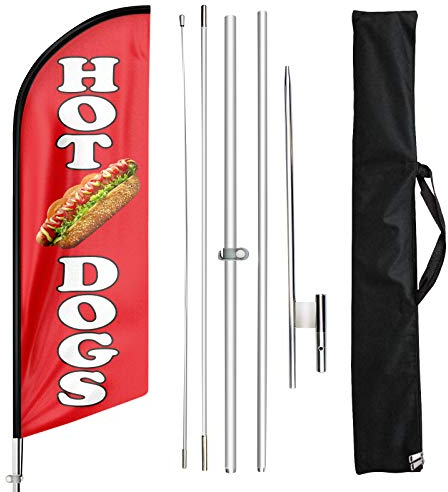 FSFLAG Hot Dogs Windless Swooper Flaggenschild – Hot Dogs Federflagge und Fahnenmast Kit – 3 m extra große Werbeflaggen Swooper Flaggen Banner Schilder mit Fahnenmast-Set und Erdspieß
