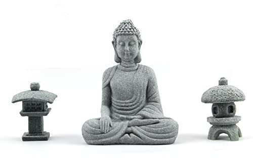 Sdeetesamjun Buddha Statue and 2 Japanese Lantern Pagoda Statues - Zen Garden Accessories for Home and Mini Meditation Decor
