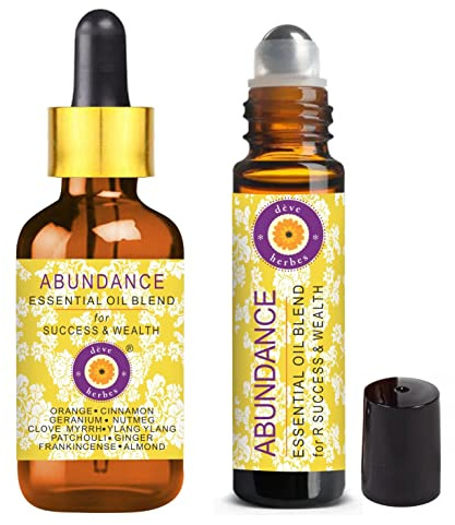 Deve Herbes Abundance - Essential Oil Blend for Success & Wealth with Orange, Cinnamon, Geranium, Nutmeg, Clove, Myrrh, Ylang Ylang, Patchouli, Ginger, Frankincense Essential Oils 10ml & 5ml