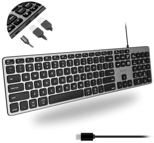Macally UCZKEYHUBACSG, erweiterte USB-C Tastatur mit 2 USB-A & 1 USB-C Ports und US QWERTY Layout, Space Grey
