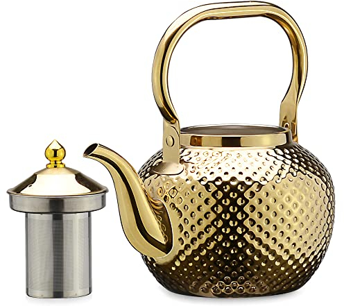SANQIAHOME 1,5 litros Tetera de acero inoxidable con Filtro para infusiones extraíble,Cafetera, dorado