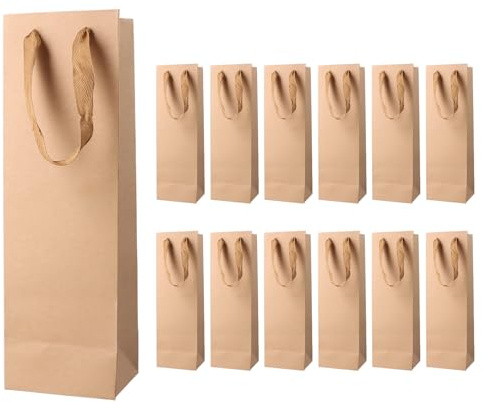 12 Stück Kraftpapier Wein Taschen, Champagner Geschenktüten Weinflaschen Verpackung mit Seilgriffen, Einzelne Weintragetasche Flaschentüten Weintasche für Weihnachten Partys Jubiläum (Braun)