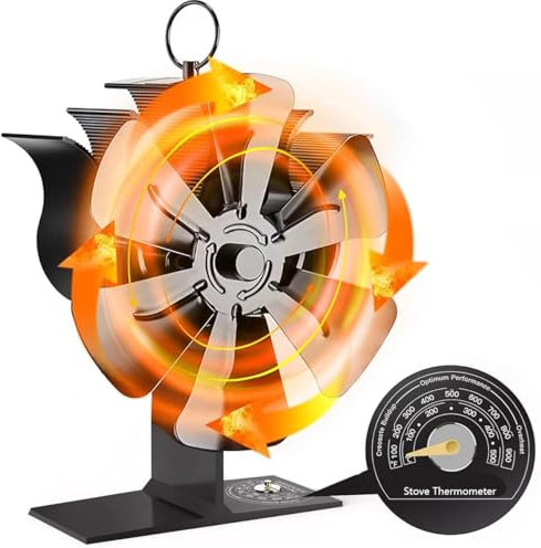 6-Blades Heat Powered Wood Stove Fan + Magnetic Thermometer, 122°F Start Non Electric Eco Fireplace Fan