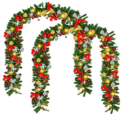 SWANEW 2er 5m Weihnachtsgirlande mit Beleuchtung, Künstlich Tannengirlande mit 100 LEDs Warmweiß Weihnachtskranz inkl. Deko, 8 Modus Girlande Weihnachtsdeko für Weihnachten, Treppen, Kamine