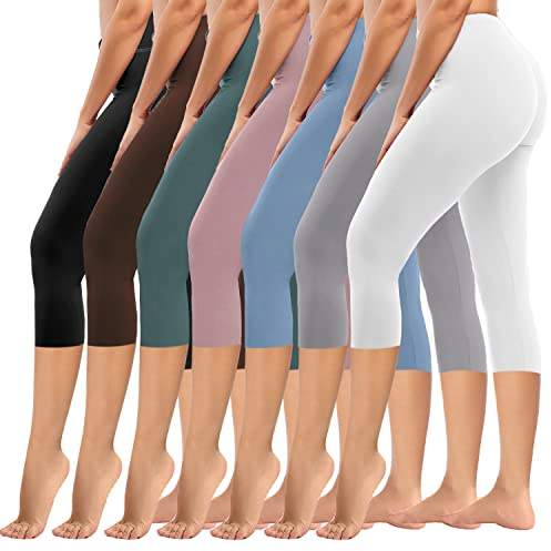 yeuG 7 Pack High Waisted Leggings for Women Tummy Control Soft Workout Yoga Pants Full Length & Capri(Black,Coffe,Green,Rosy,Blue,LightGrey,White(Capri),Large-X-Large)