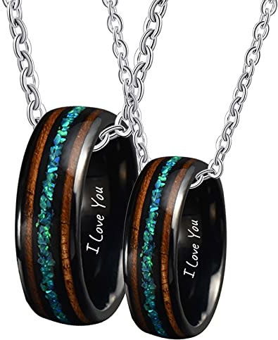 Dsnyu 2PCS Partner Ketten Gravur I Love You, Opal und Holz Einlegen Ring Halskette Frauen 50CM/ 60CM, Edelstahl Ketten Gothic Schwarz