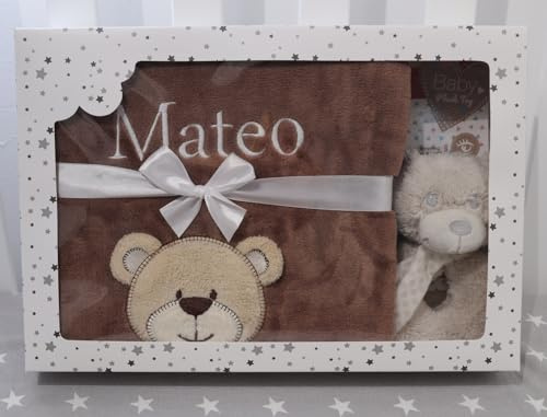 BotoBaby ★ GESCHENKSET Babydecke mit Namen und Datum Bestickt + Spielzeug ★ Geschenk ★Geburt ★ Taufe ★ (Set 35)