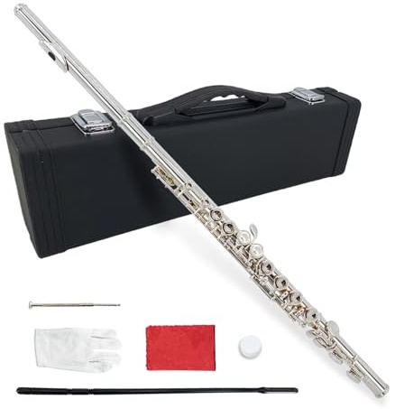 Vetimobato 16 Key Closed Hole C Flute for Beginners, Students, Adults – Silver Plated Nickel Flute with Carrying Case, Cleaning Kit, Tuning Rod, Gloves – Lightweight, Durable & Easy to Play (Sliver)
