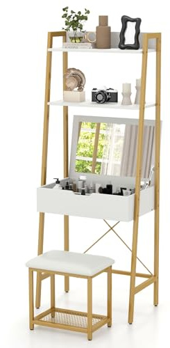 RELAX4LIFE Dressing Table with Stool and Flip Top Mirror, Ladder Vanity Makeup Table with 2 Ladder Shelves and 4 Hidden Storage Compartments, Cosmetic Bedroom Dresser Make Up Desk (White+Gold)