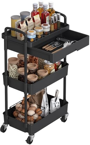 Dttwacoyh, 3-stufiger praktischer Handwagen, mobiler Wagen mit Schubladen, Aufbewahrungswagen mit Kunststoffregalen, geeignet für Büros, Küchen, Waschräume, Badezimmer, Make-up, schwarz