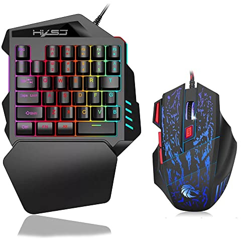 YIWENG J50 Teclado para Juegos de una Mano 35 Teclas Retroiluminación LED + Ratón para Juegos con Cable con luz de respiración 5500 dpi Combo de Teclado y Mouse de 7 Botones,One-Handed