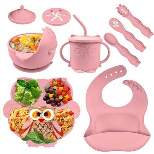 Bwaliffury Kinderteller Sets Silikon, 9 Stücke Rutschfest Geschirr Sets Mit Löffel Geteilte Platte und Lätzchen, Baby Geschirrset mit Saugnapf, Silikon Geschirr Baby für Kleinkinder