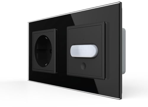 Livolo Steckdose und PIR Bewegungsmelder Sensor mit Touchschalter EIN/Aus automatische Lichtsteuerung bei Bewegung Unterputz Wandmontage Schuko Buchse EU Stecker 2-Fach Glasrahmen
