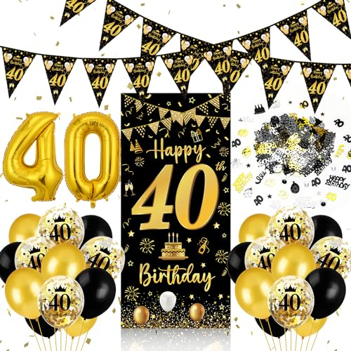 40. Geburtstag Deko für Mann und Frau - Banner Schwarz Gold, Luftballons, Wimpel Girlande, Konfetti, Tür Deko, Hintergrund für Männer Frauen Party