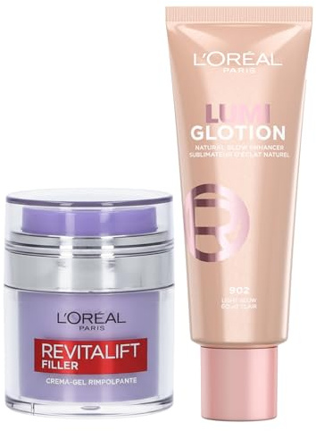 L'Oréal Paris Lumi Glotion Aufhellendes und feuchtigkeitsspendendes Flüssiggel für Gesicht und Körper, Farbton 902 Light Glow 40 ml + Revitalift Filler Gesichtscreme mit Hyaluronsäure 50 ml