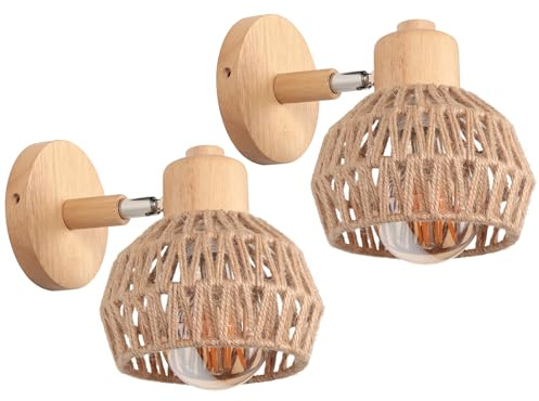 iDEGU 2 Stücke Wandleuchten Innen Retro Wandlampe aus Holz Hanfseil Halbkreis Lampenschirm Vintage E27 Verstellbare Wandspot Industrie Lampe für Schlafzimmer Wohnzimmer Flur Esszimmer Café (15cm)