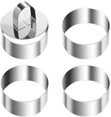 FSSTUD 4 Pcs 8cm Mini Baking Ring Set Non Stick Cake Circle Ring Metal Mousse Cake Ring Round Pastry Cooking Ring Stainless Steel Cake Mold with Pusher for Crumpets Eggs