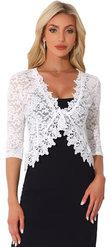 Allegra K Damen 3/4-Ärmeln Blumen Strickjacke Elegant Häkeljacke Festlich Spitze Bolero Lace Jacke