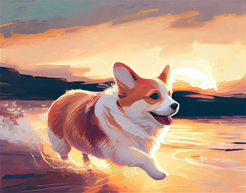 Glücklicher Corgi-Hund Malen nach Zahlen Erwachsene DIY Handgemalt Ölgemälde Malerei auf Leinwand Kinder Anfänger Malsets mit Pinseln Acrylic Paint by Numbers Kits Haus Wand Decor 55x70cm,ohne Rahmen