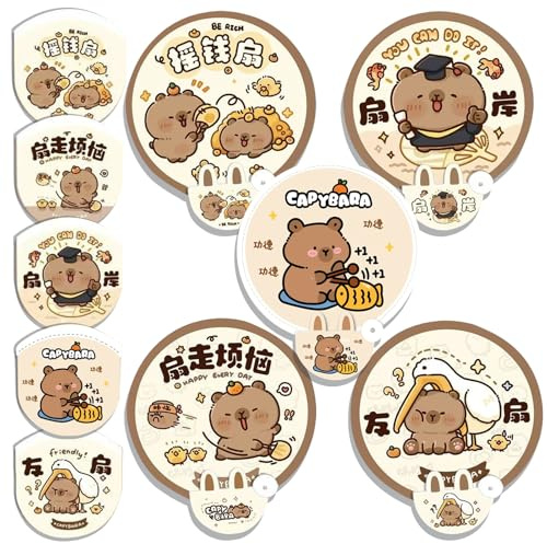 KASESSS 5 Stück Fächer Rund Faltbar, Niedlich Capybara Muster Rund Handfächer, Runde Fecher mit Aufbewahrungstasche, Pop-Up-Fächer & Reflektor 2 in1, Faltfächer für Zuhause, Reisen, Fotoshootings