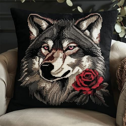 Kitquiver Knüpfkissen Set Wolf Knüpfset für Erwachsene (43X43cm) Knüpfen Handarbeit Set Kissen Bastelset Knüpfen Handwerksset Kissen DIY Bastelset für Anfänger für die Sofa-Heimdekoration