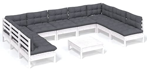WEMYUFURN 10-TLG. Garten-Lounge-Set mit Kissen Weiß Kiefer Massivholz, Outdoor-Sitzgruppe, Terrassen-Lounge-Set, Garten-Couchgarnitur - Wetterbeständig, Komfortabel - für Terrasse, Garten und Balkon