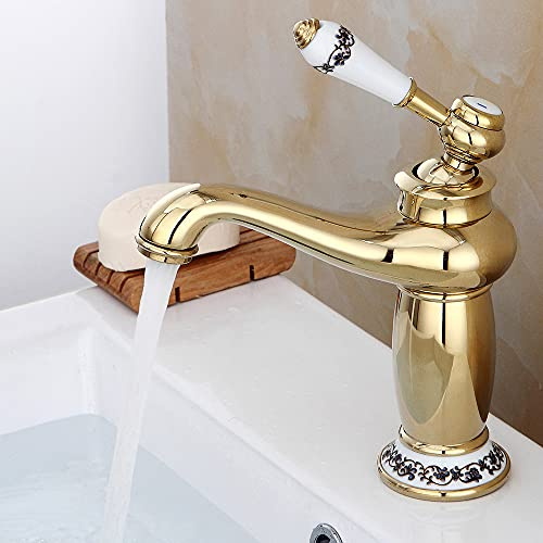 Antikes Messing Wasserhahn Bad Waschtischarmatur Einhebelmischer Wasserhahn Bad Nostalgie Waschbecken Armatur Auslauf Höhe 13 cm Amatur Kaltes und Warmes Wasser Landhaus Vintage Stil Gold