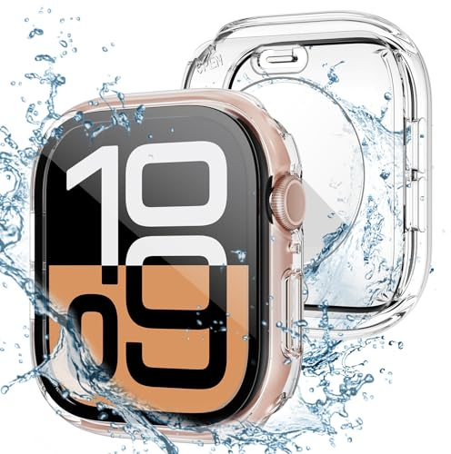 Kamita Vattentätt fodral kompatibelt med Apple Watch 10 46 mm, 2-i-1 hårt PC stötdämpande fodral med inbyggt härdat glas skärmskyddsfilm, 360° heltäckande skyddskåpa för iWatch10 46 (klar)