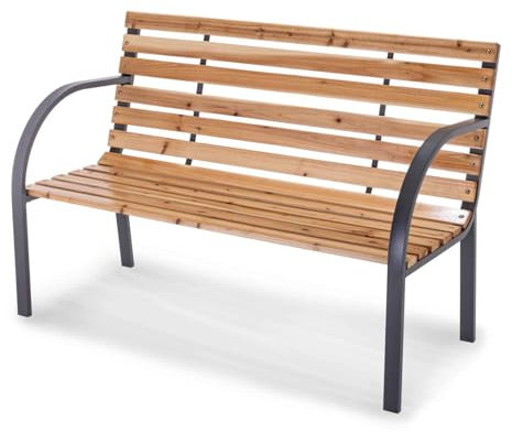 Practixx Gartenbank Holz Metall wetterfest Anthrazit 2-Sitzer mit Rücken- & Armlehnen, Bank aus Holz & Stahl, 119,5 x 62 x 83 cm, Sitzbank klassisch für Garten, Balkon, Terrasse | mit 2 Streben