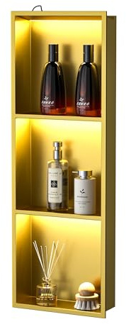Bernkot Led Shower Niche 36 X 12 Gold Stainless Steel Shower Niche with 3-Tiers Shelf & Light IP66 Waterproof No Tile Needed Niches Shower for Bathroom Storage Recessed Bathroom Shelves