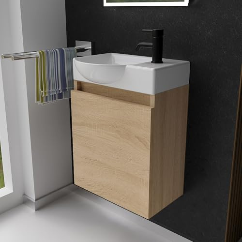 Alpenberger Waschbecken mit Unterschrank Gäste WC 45 cm hängend Eiche Hell | Kleiner Waschtisch mit Unterschrank: Keramik & MDF, wandhängend, Softclose Tür, mit Überlauf, für kleine Bäder, Links Becken