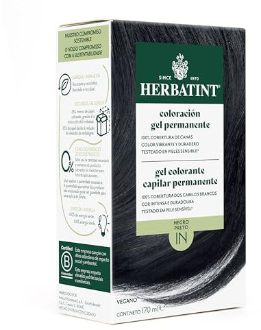 Herbatint Colorazione Gel Permanente per Capelli 1N Nero - 170 ml | Senza Ammoniaca, 100% Copertura di Capelli Grani | per pelli Sensibili, con 8 Estratti Naturali Bio