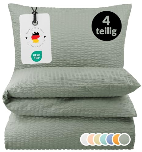 Carpe Sonno Seersucker Bettwäsche 155x220 cm 2er-Pack Baumwolle – Grau | Kühlende Sommerbettwäsche mit Reißverschluss, bügelfrei | Deckenbezug + Kissenbezug 80x80 | ganzjährig, pflegeleicht