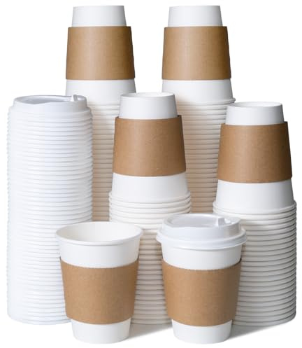 Disposable Coffee Cups with Lids and Sleeves, 100 Pack, 12oz (355 ml), White Paper Cups for Hot or Cold Drinks – Ideal for Office, Parties, Travel & Takeaway Use