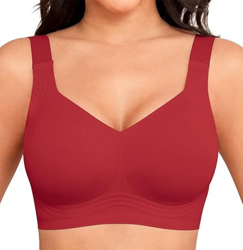 YGJIEGENG Non Wired Bra for Women,Seamless Wireless Bras for Plus Size Ladies,Comfortable Full Coverage Everyday Bra,Red,3XL