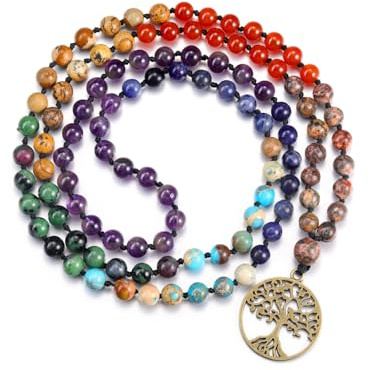 GEHECRST Damen 108 Perlen 7 Chakra Mala Kette mit Lebensbaum Anhänger | Chakra Steine Wickelarmband Gebetskette Buddhismus Healing Reiki Yoga Schmuck Spirituelle Geschenke