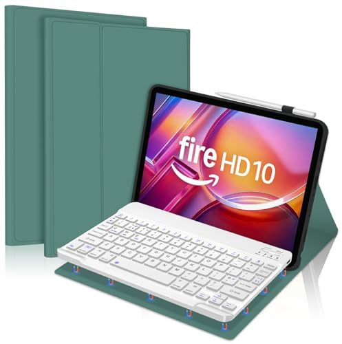 Keyboard Case for Fire HD 10 & 10 Plus 10.1 inch (13th/11th Gen 2023/2021) | Detachable Bluetooth UK Layout Keyboard Cover for Fire HD10, Dark Green