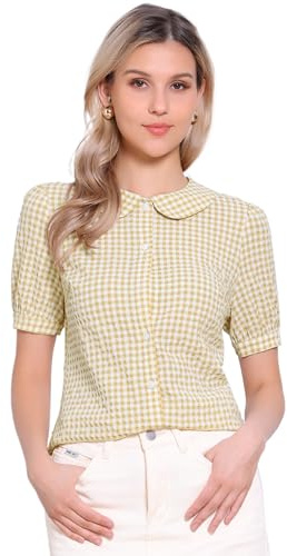 Allegra K Chemisier à Carreaux pour Femme à Manches Courtes et col Claudine Riz Abricot Blanc XL