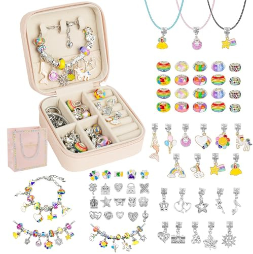 OdiuK Armband Bastelset Kinder, 66-teilig mit Perlen und Geschenkbox | Charm Armband Making Kit Armbänder Selber Machen Geeignet für Kinder Schulanfang ab 5 Jahren